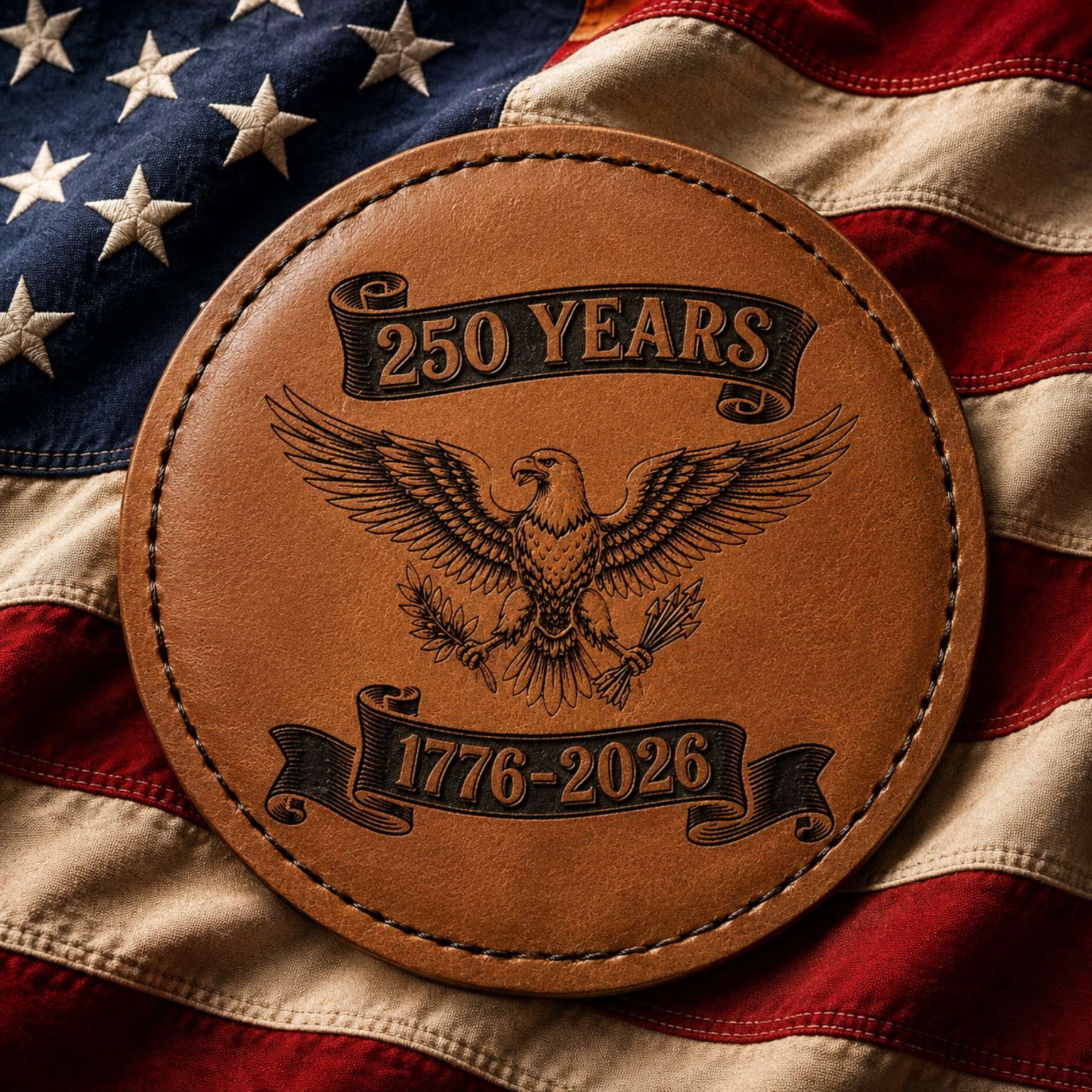 Round leatherette coaster laser-engraved with bald eagle and 250 Years 1776-2026 patriotic design