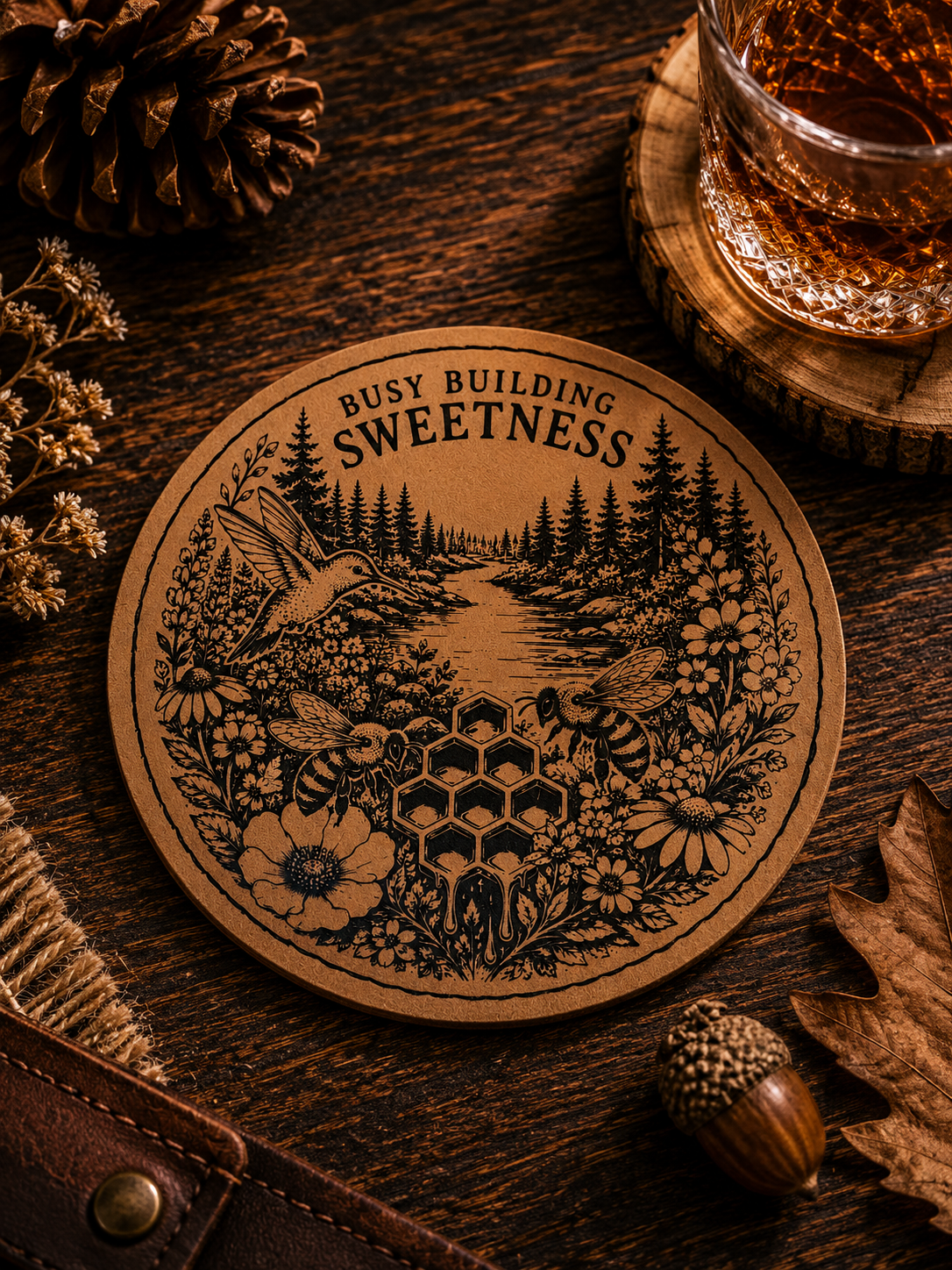 Round leatherette coaster laser-engraved with Busy Building Sweetness hummingbird bee and wildflower forest design