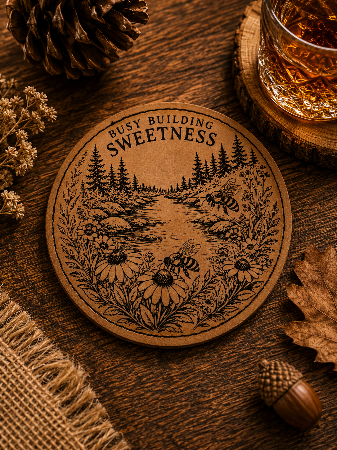 Round leatherette coaster laser-engraved with Busy Building Sweetness bees and wildflower meadow design