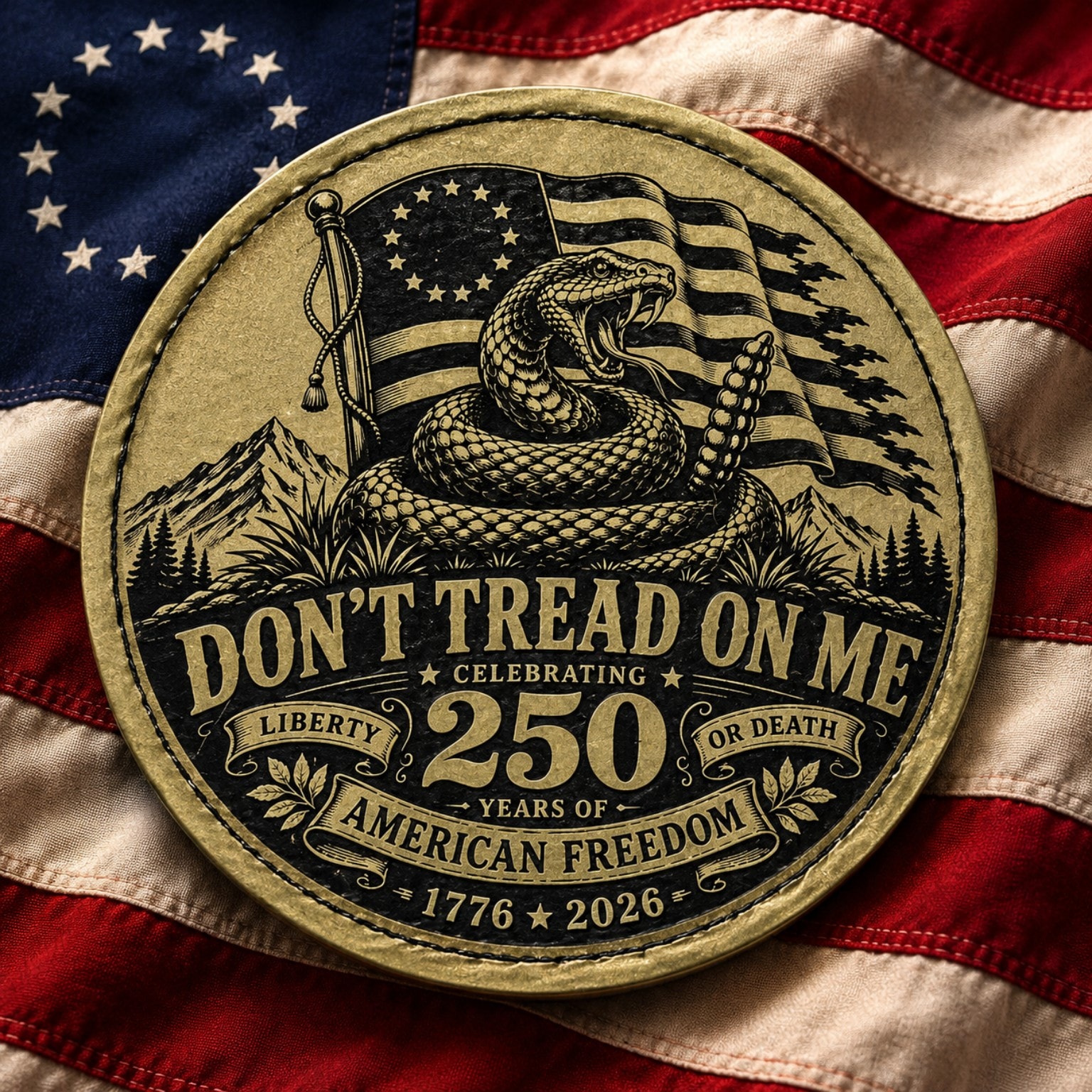 Round leatherette coaster laser-engraved with Don't Tread On Me rattlesnake and 250 Years of American Freedom design