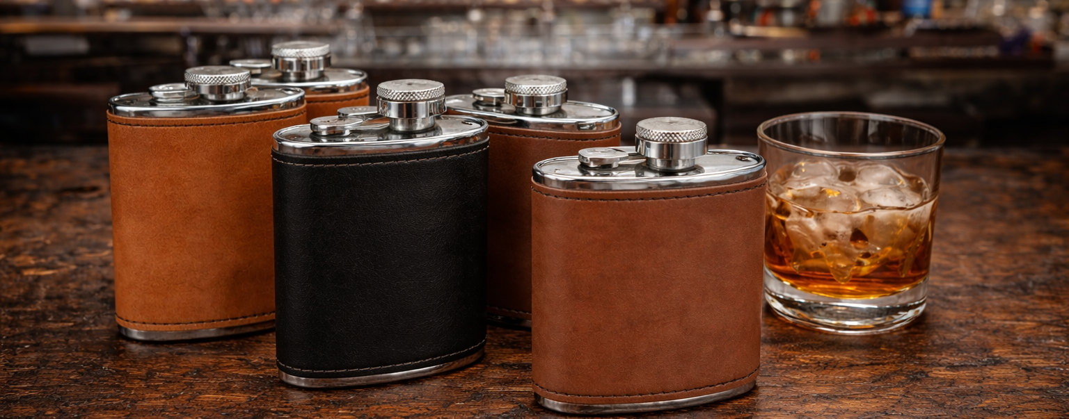 Leatherette flasks lifestyle photo with whiskey glass
